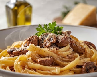 Pasta alla Boscaiola / Pasta cremosa de champiñones y salchicha / Receta italiana reconfortante y fácil • Descarga digital en PDF