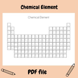 以下が含まれることがあります： 「Chemical Element」と書かれた、黒い文字の白い元素周期表。下部には「PDF file」の文字。鉛筆が左下と右下の角に描かれています。