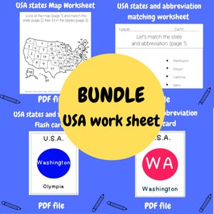 May include: A bundle of USA worksheet PDFs for educational use. Includes a map worksheet, matching worksheet, and flashcards. The worksheets feature state maps, abbreviations, and state names. The background is blue with pencil illustrations.