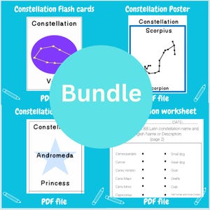May include: A bundle of educational materials on a bright blue background. The bundle includes flashcards, a poster, and a worksheet, all featuring constellations. The word "Bundle" is prominently displayed in a large, light blue circle.