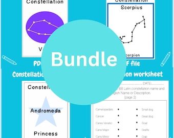 Bundle 88 Constellations name, characters, animals, objects, flash card, poster, tracing