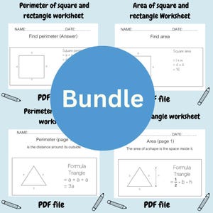 May include: A bundle of printable math worksheets for calculating the perimeter and area of squares, rectangles, and triangles. The worksheets include formulas and examples. A blue circle with the word "Bundle" is in the center.