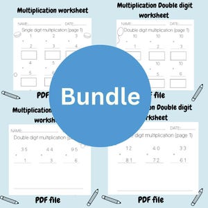Può includere: Un pacchetto di fogli di lavoro sulla moltiplicazione in formato PDF. I fogli di lavoro includono problemi di moltiplicazione a una e due cifre. Un grande cerchio blu al centro dell'immagine recita "Bundle". Le matite sono disegnate intorno ai fogli di lavoro.