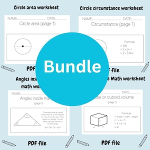Könnte beinhalten: Ein Bündel ausdruckbarer Mathe-Arbeitsblätter, darunter Kreisfläche, Umfang, Winkel in Dreiecken und Würfelvolumen. Die Arbeitsblätter sind im PDF-Format und enthalten Diagramme und Formeln. Ein großer blauer Kreis mit dem Wort "Bundle" befindet sich in der Mitte.