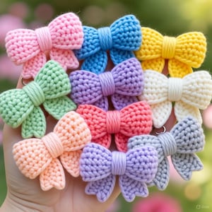 Könnte beinhalten: Eine Sammlung handgefertigter Häkel-Schleifen in verschiedenen Pastellfarben: Rosa, Blau, Gelb, Grün, Lila, Pfirsich, Rot, Weiß und Grau. Diese Schleifen werden wahrscheinlich als Haaraccessoires oder Dekorationselemente verwendet.