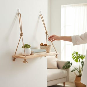 Wooden Hanging Shelf with Rope, Boho Rustic Home Decor