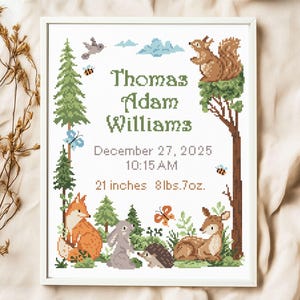 Woodland Baby Birth Announcement Cross Stitch Pattern PDF | Forest Animal Personalized Instant Download Sampler