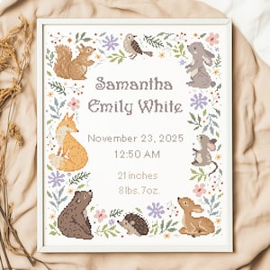 Woodland Animal Birth Announcement Cross Stitch Pattern | Woodland Baby Girl | Personalized Instant Download PDF
