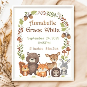 Woodland Baby Birth Announcement Cross Stitch Pattern PDF | Forest Boy Girl Neutral | Instant Download Sampler