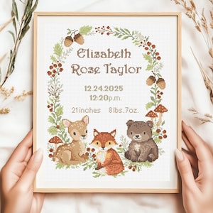 Woodland Baby Birth Announcement Cross Stitch Pattern PDF | Forest Boy Gender neutral  Personalized Instant Download Chart