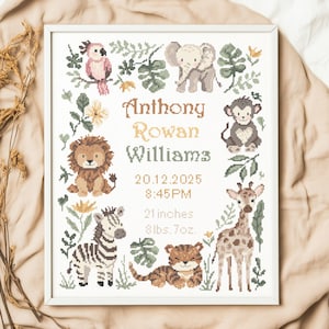 Patrón de punto de cruz para anuncio de nacimiento con animales de safari / Niño de la selva africana, color neutro / PDF personalizado de descarga instantánea