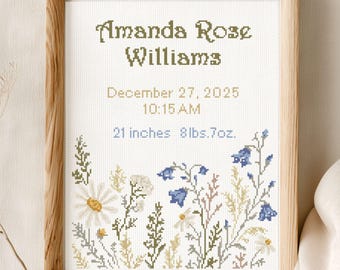 Wildflower Daisy Birth Announcement Cross Stitch Pattern PDF | Cottagecore Meadow | Personalized Instant Download Sampler
