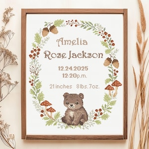 Faire-part de naissance bébé ours, motif point de croix PDF | Garçon neutre sexiste Animal des bois Téléchargement instantané personnalisé graphique numérique