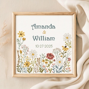 Wildflower Meadow Wedding Cross Stitch Pattern | Floral Farmhouse | Personalized Instant Download PDF