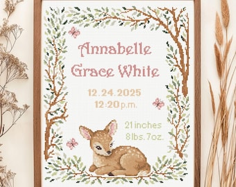 Woodland Deer Geburtsankündigung Kreuzstichmuster PDF | Waldkranz sofort Download Personalisierte | Zum Selbermachen
