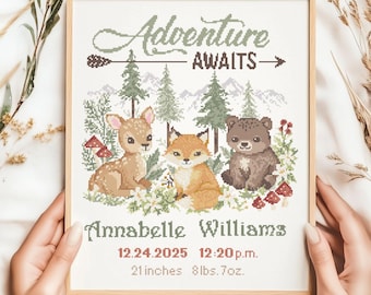 Forest Animals Birth Announcement Cross Stitch Pattern | Boy Gender neutral Woodland Mountains Personalized Instant Download PDF
