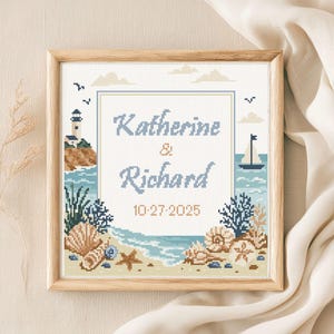 Ocean Coast Hochzeit Kreuzstichmuster | Meer Strandlandschaft | Personalisierte Sofort Download PDF