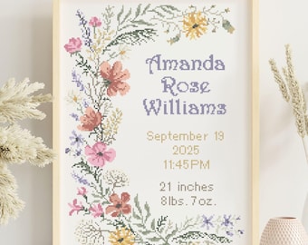 May include: A framed cross-stitch birth announcement with the name "Amanda Rose Williams" and birth details. The frame is surrounded by a floral border with pink, orange, yellow, and purple flowers. The announcement is 21 inches long and weighs 8 lbs. 7 oz.