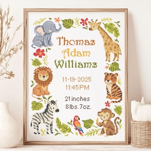 African Birth Announcement Cross Stitch Pattern | Safari Jungle Boy Baby Neutral | Personalized Instant Download PDF