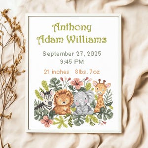 Patrón de punto de cruz para anuncio de nacimiento de animales africanos / Habitación infantil para bebé de la jungla / Descarga instantánea personalizada en PDF