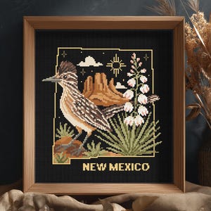May include: A framed cross-stitch pattern featuring a roadrunner, desert landscape, and yucca plant inside a New Mexico state outline. The design includes a sun icon, clouds, and the text NEW MEXICO in yellow on a black background within a wooden frame.
