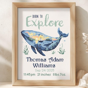 Whale Birth Announcement Cross Stitch Pattern | Ocean Nursery PDF Digital Download | Personalized Baby Sampler