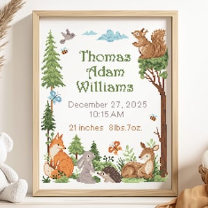 Peut inclure: Une annonce de naissance en point de croix encadrée représentant une scène de forêt avec un renard, un lapin, un hérisson, un cerf, un écureuil, des arbres et des papillons. Le texte indique Thomas Adam Williams, 27 décembre 2025, 10h15.