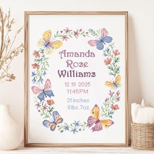 Schema punto croce per annuncio di nascita di una bambina in formato PDF / Ghirlanda floreale con farfalle / Download immediato personalizzato / Fai da te