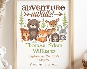 May include: A framed print with a woodland theme, featuring a bear, squirrel, fox, deer, hedgehog, and rabbit. The text "ADVENTURE awaits!" is above the baby's name, birthdate, time, and measurements: 21 inches and 8lbs.7oz.