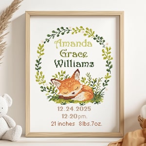 Fuchs Geburtsanzeige Kreuzstich Muster PDF | Wald Waldtier | Personalisierte Sofort Download
