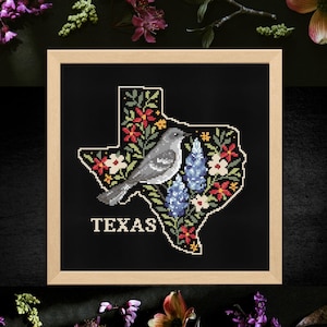 Puede incluir: Arte de punto de cruz que representa el estado de Texas en negro, adornado con flores coloridas y un pájaro gris. La palabra "TEXAS" está bordada en blanco en la parte inferior. La obra está enmarcada en un marco de madera clara.