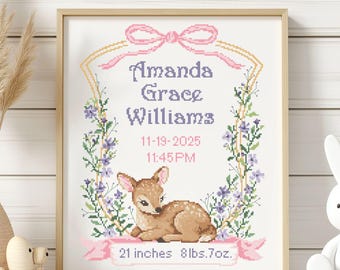 Baby Mädchen Hirsch Geburtsanzeige Kreuzstich Muster PDF | Blumenkranz | DIY personalisierte Sofortdownload