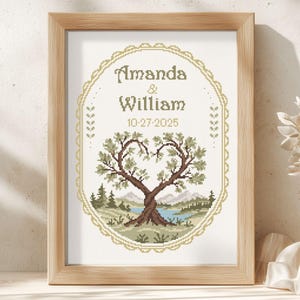 Rustic Wedding Tree Cross Stitch Pattern | Mountain Forest Landscape | Customizable Instant Download PDF