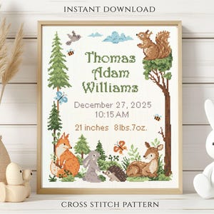 May include: A framed cross-stitch pattern with a woodland theme. The design includes a squirrel, fox, deer, and other forest creatures. The text reads "Thomas Adam Williams," with a date, time, and measurements of 53 cm and 3.8 kg.