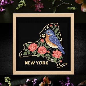 Puede incluir: Obra de arte de punto de cruz del contorno del estado de Nueva York, con un pájaro azul, rosas rosas y el texto "NEW YORK". El diseño está sobre un fondo negro y enmarcado en un marco de madera clara.