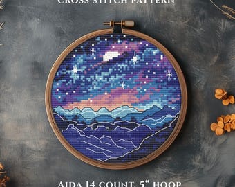 Starry Night Landscape Small Cross Stitch Pattern | Digital Download PDF | Mountain Nature Sky Counted Hoop Chart