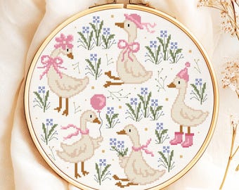 Funny Goose with Pink Bow Cross Stitch Pattern | Vintage Cottagecore Nursery Duck | Instant Download PDF | Easy Begginer