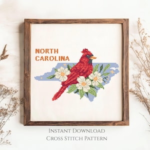 North Carolina Cross Stitch Pattern PDF | Northern Cardinal & Dogwood Flower | USA State | Instant Download