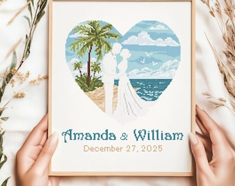 Patrón de punto de cruz para bodas en PDF / Corazón playero minimalista personalizado / Patrón de descarga instantánea