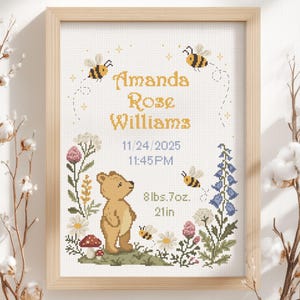 Waldbär mit Bienen Geburtsanzeige Kreuzstichmuster PDF | Geschlecht Neutral personalisierte Instant Download Chart