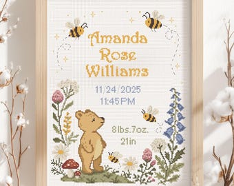 Woodland Bear with Bees Birth Announcement Cross Stitch Pattern PDF | Gender Neutral Personalized Instant Download Chart