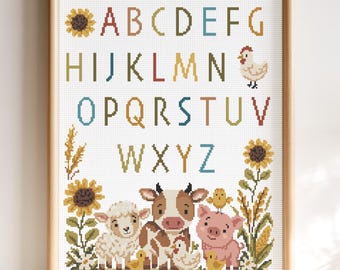 Farm Animals Alphabet Cross Stitch Pattern | Digital Download PDF | Kids ABC Sampler with Cow Sheep Pig Chickens