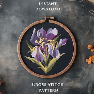 May include: A cross-stitch pattern of an iris flower in a wooden embroidery hoop. The flower features purple and white petals with yellow accents against a dark background. The text "INSTANT DOWNLOAD" and "CROSS STITCH PATTERN" are visible.