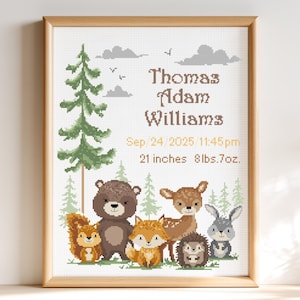 Peut inclure: Un motif de point de croix encadré représentant une scène de forêt avec un grand pin, des nuages gris et des animaux des bois dont un écureuil, un ours, un renard, un cerf, un hérisson et un lapin. Texte Thomas Adam Williams, 24 sept 2025 23h45.