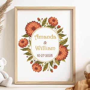 Wedding Cross Stitch Pattern PDF | Personalized Sampler | Autumn Dahlia Copper Floral Wreath | Instant Download