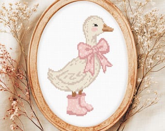 Goose with Pink Bow Cross Stitch Pattern | Vintage Cottagecore Nursery Duck | Instant Download PDF | Easy Begginer