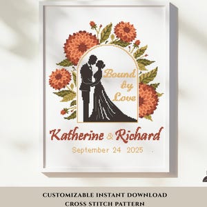 Pode incluir: Um design de casamento em ponto cruz emoldurado com uma silhueta de casal, flores laranja e folhas verdes. O texto diz "Bound by Love", e os nomes "Katherine & Richard" com a data "24 de setembro de 2025."