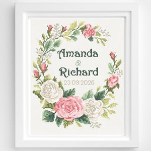 Wedding Cross Stitch Pattern PDF | Personalized Sampler | White and Pink Roses Floral Wreath | Instant Download