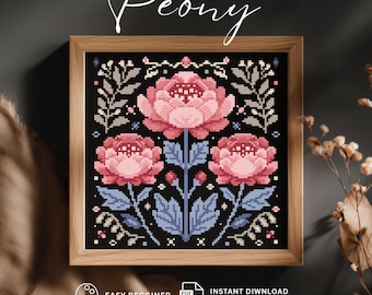 Peony Birth Month Flower Cross Stitch Pattern | Instant Download PDF | Folk Vintage Floral Begginer Chart