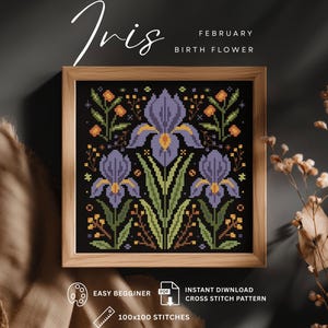 May include: A framed cross-stitch pattern featuring a floral design with purple irises, green leaves, and orange accents on a black background. The text "Iris February Birth Flower" is displayed above the artwork. The frame is made of light-colored wood.